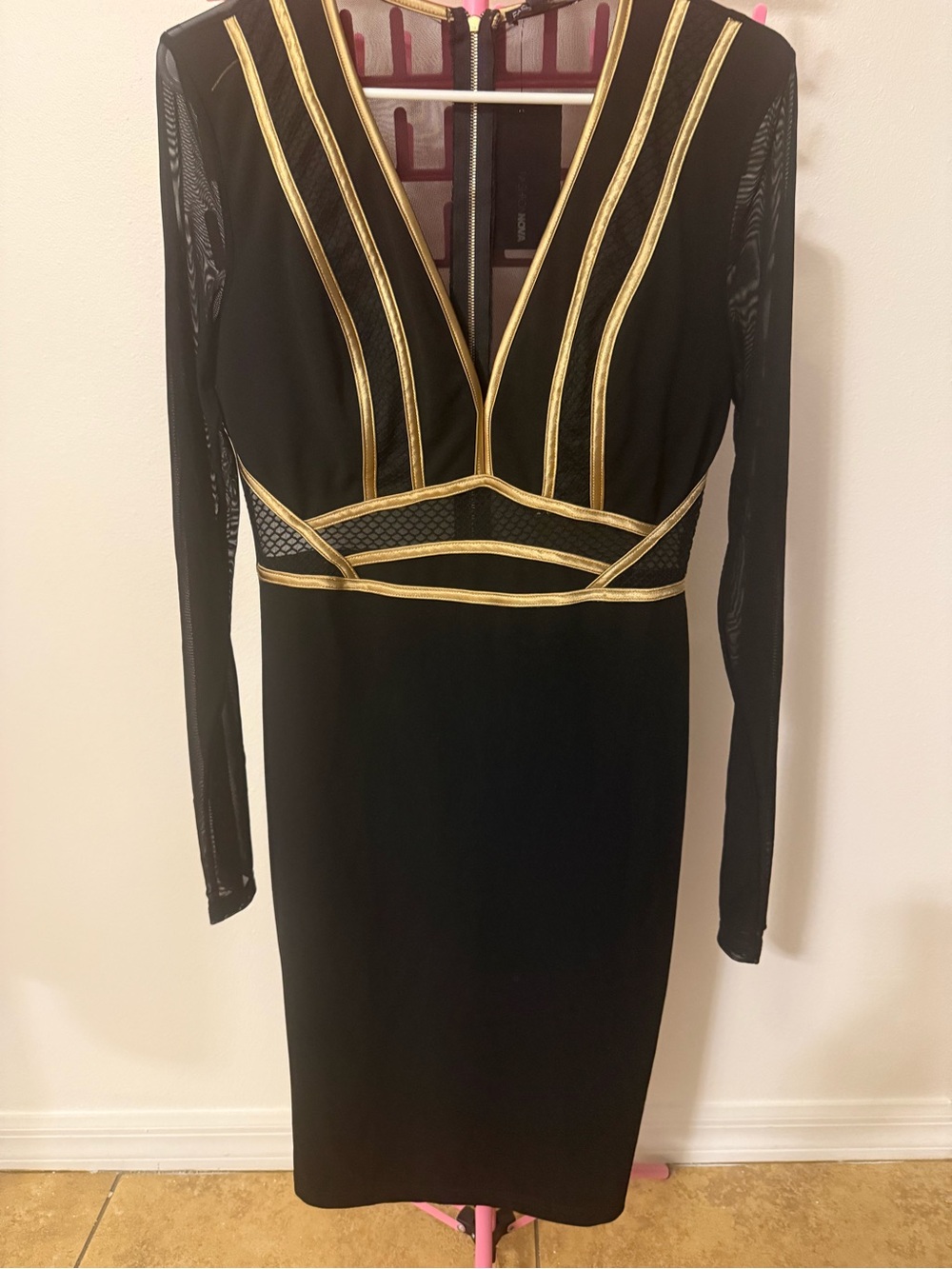 Fashion Nova Black Bodycon Dress with Gold Piping